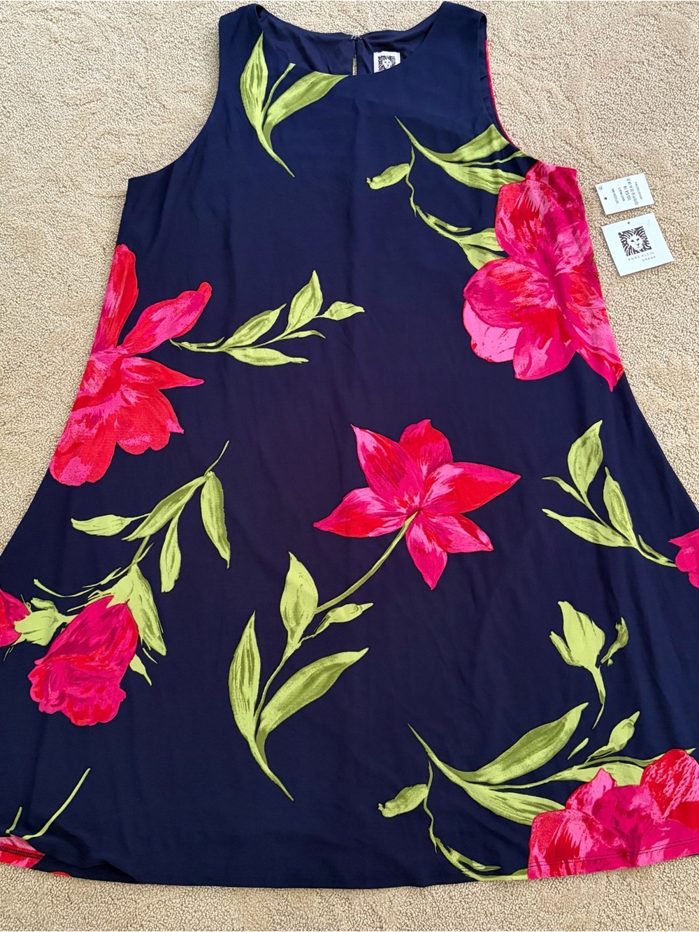 Anne Klein Navy Dress with Bright Pink Floral Print Sz 16